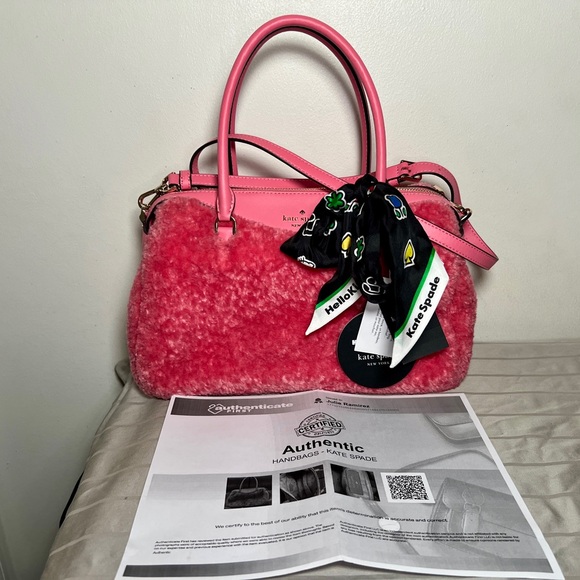 Kate Spade Pink Faux Fur Satchel with new Kate Spade hello Kitty scarf with COA - Picture 10 of 11